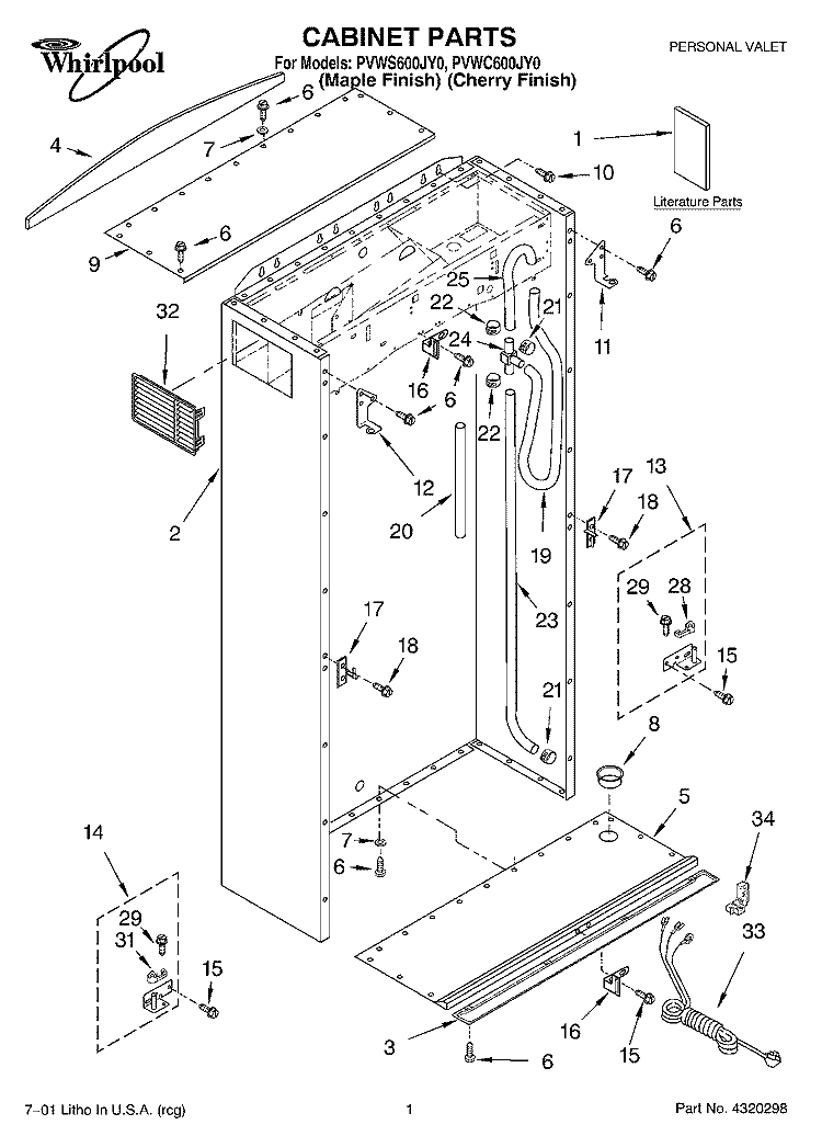 CABINET, LITERATURE Diagram and Parts List for PVWC600JY0  Whirlpool Cabinet