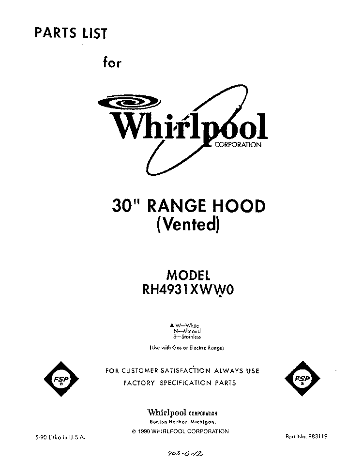 SECTION Diagram and Parts List for RH4931XWN0  Whirlpool Range Hood