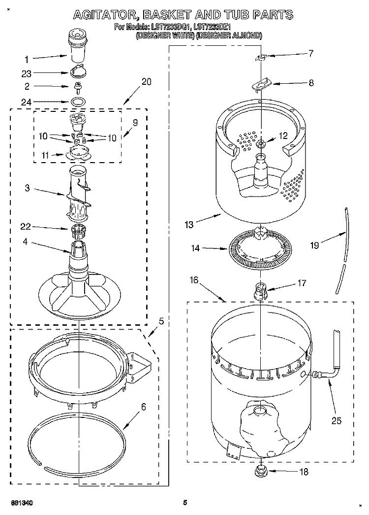 AGITATOR, BASKET AND TUB Diagram and Parts List for LST7233DQ1  Whirlpool Washer