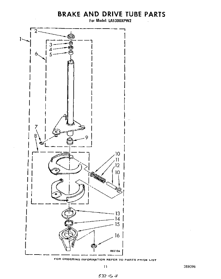 BRAKE AND DRIVE TUBE Diagram and Parts List for LA5300XPW2  Whirlpool Washer