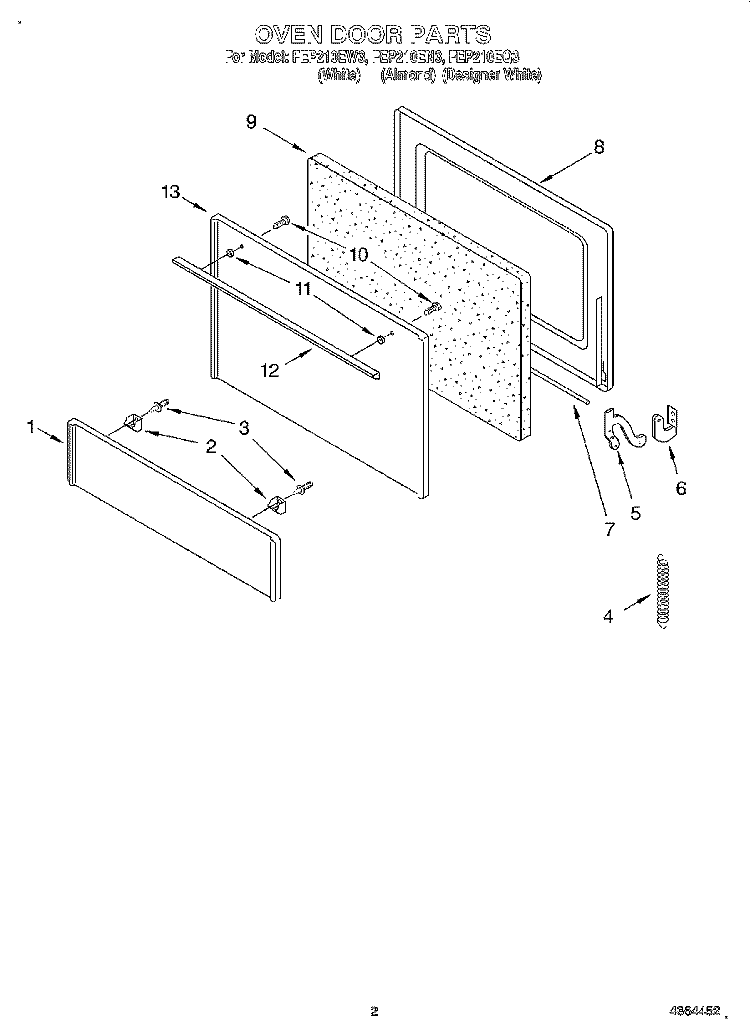 OVEN DOOR Diagram and Parts List for FEP210EN3  Roper Range