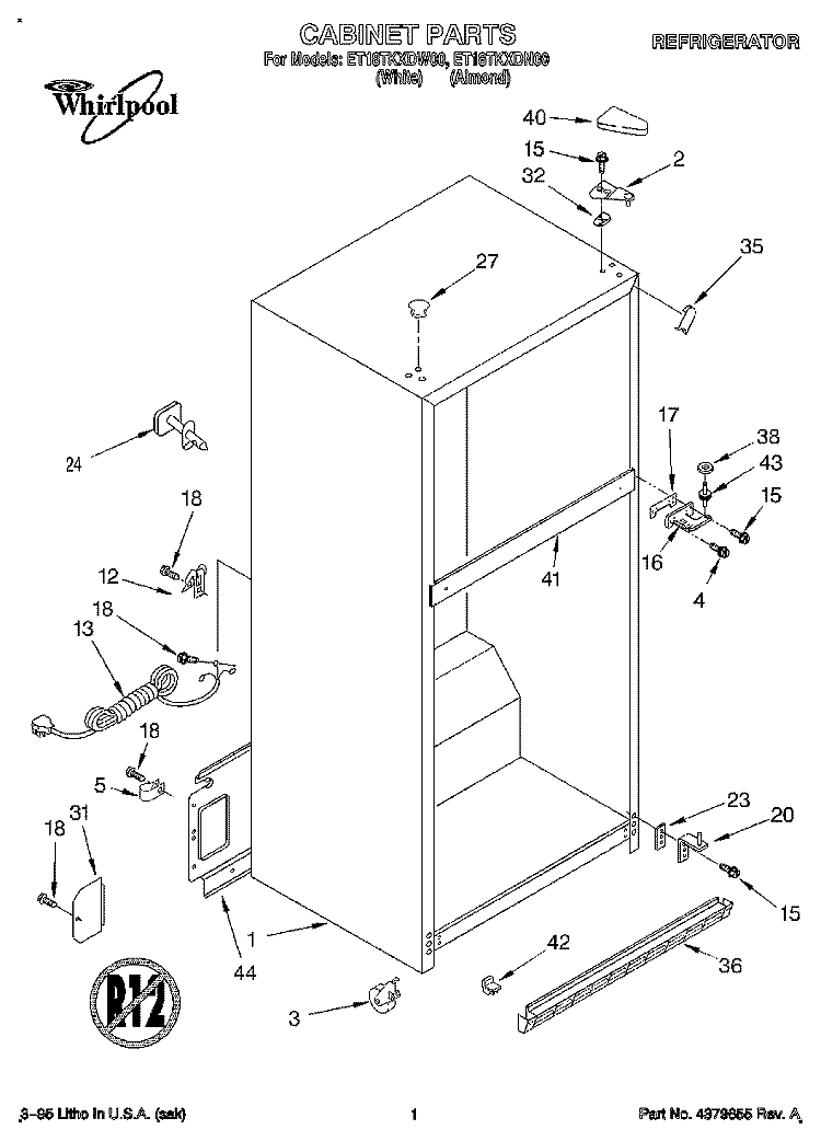 CABINET Diagram and Parts List for ET18TKXDW00  Whirlpool Refrigerator