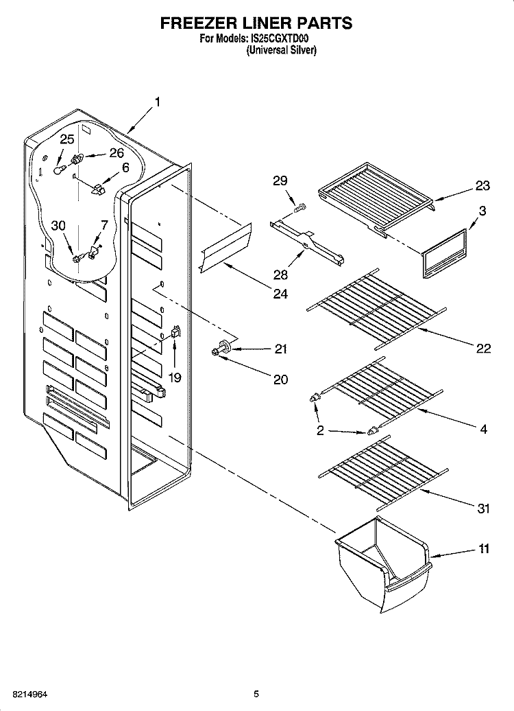 FREEZER LINER PARTS Diagram and Parts List for IS25CGXTD00  Inglis Refrigerator