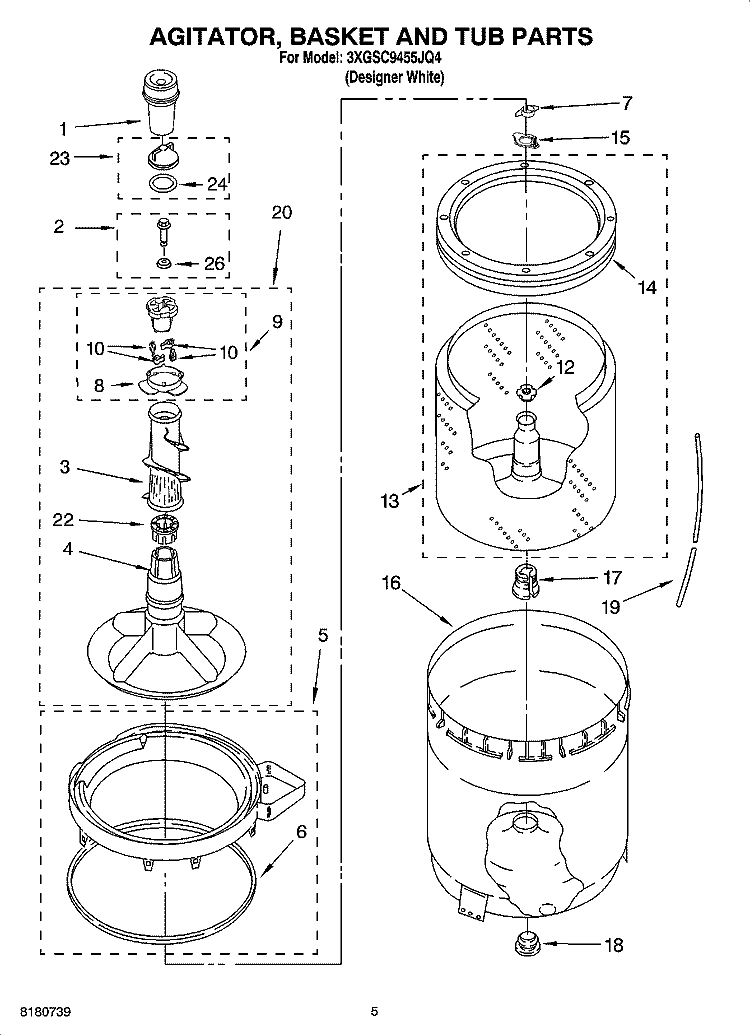 AGITATOR, BASKET AND TUB PARTS Diagram and Parts List for 3XGSC9455JQ4  Whirlpool Washer