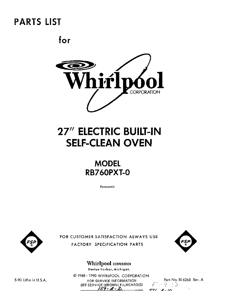 SECTION Diagram and Parts List for RB760PXT0  Whirlpool Range