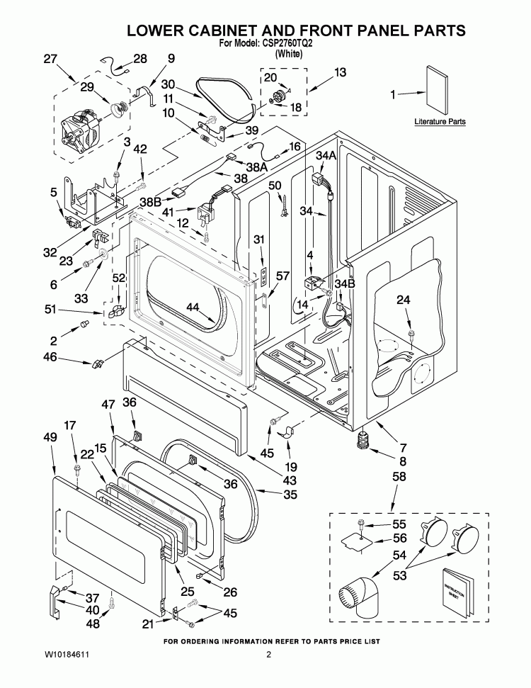 LOWER CABINET AND FRONT PANEL PARTS Diagram and Parts List for CSP2760TQ2  Whirlpool Dryer