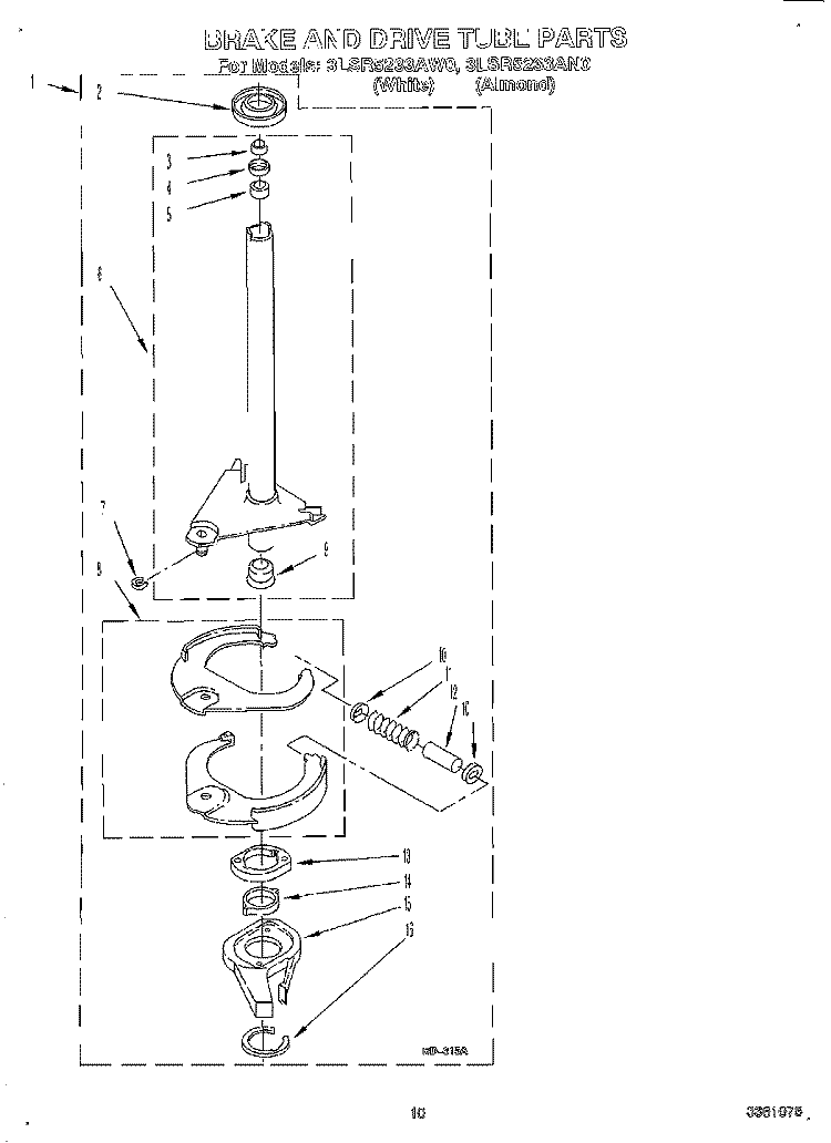 BRAKE AND DRIVE TUBE Diagram and Parts List for 3LSR5233AN0  Whirlpool Washer