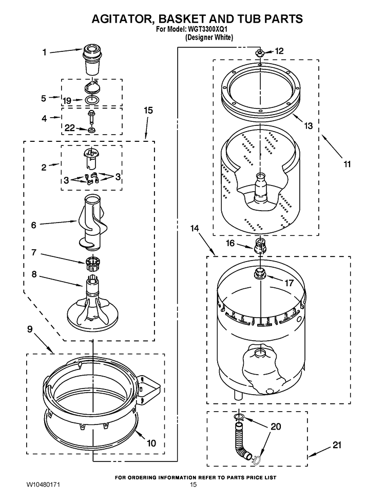 AGITATOR, BASKET AND TUB PARTS Diagram and Parts List for WGT3300XQ1  Whirlpool Washer Dryer Combo