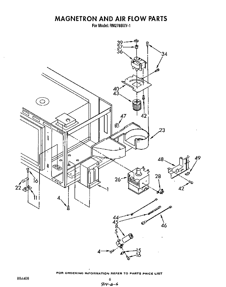 MAGNETRON AND AIR FLOW Diagram and Parts List for RM278BXV1  Whirlpool Microwave Oven Combo