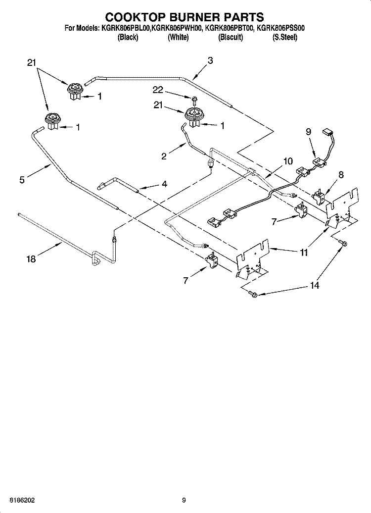 COOKTOP BURNER PARTS Diagram and Parts List for KGRK806PBL00  KitchenAid Range