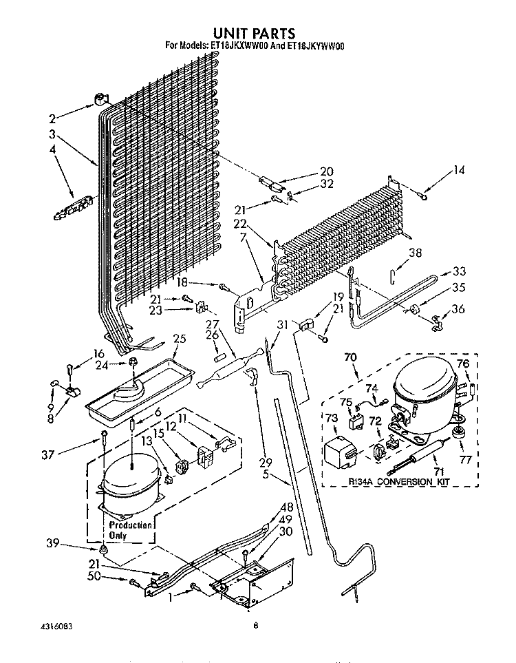 UNIT Diagram and Parts List for ET18JKXWW00  Whirlpool Refrigerator