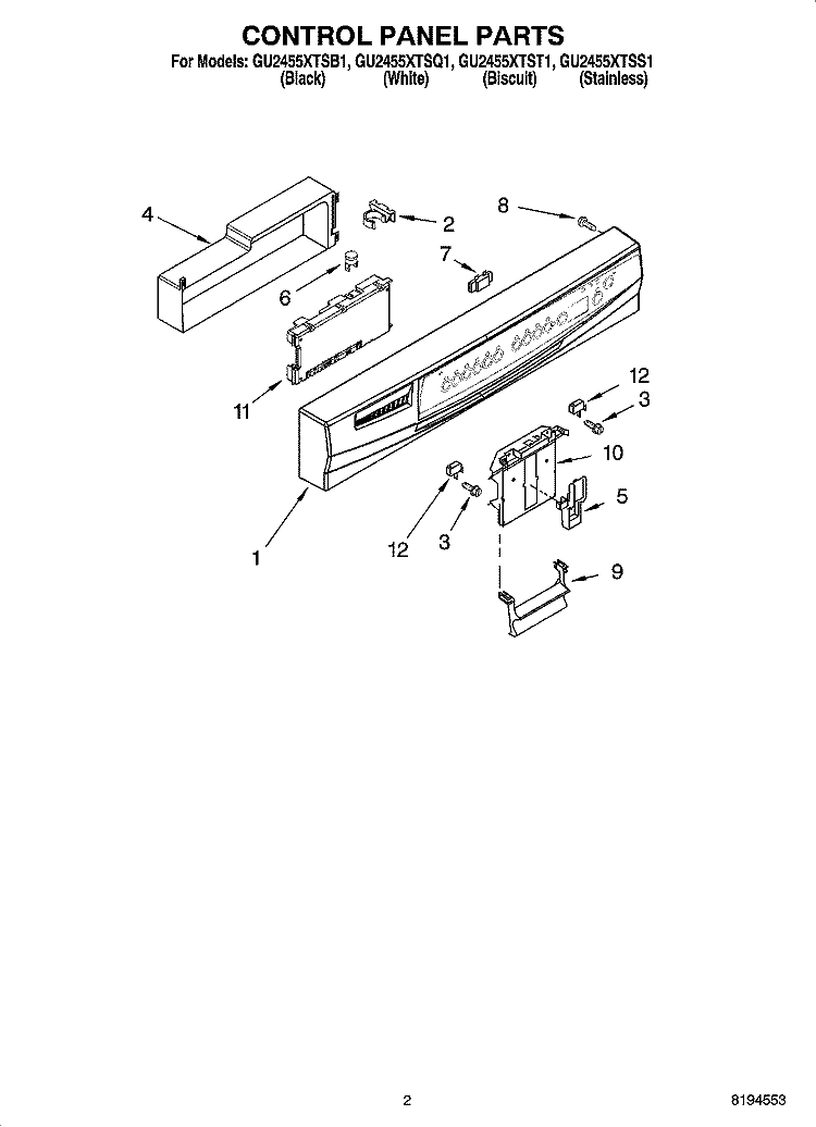 CONTROL PANEL PARTS Diagram and Parts List for GU2455XTSB1  Whirlpool Dishwasher