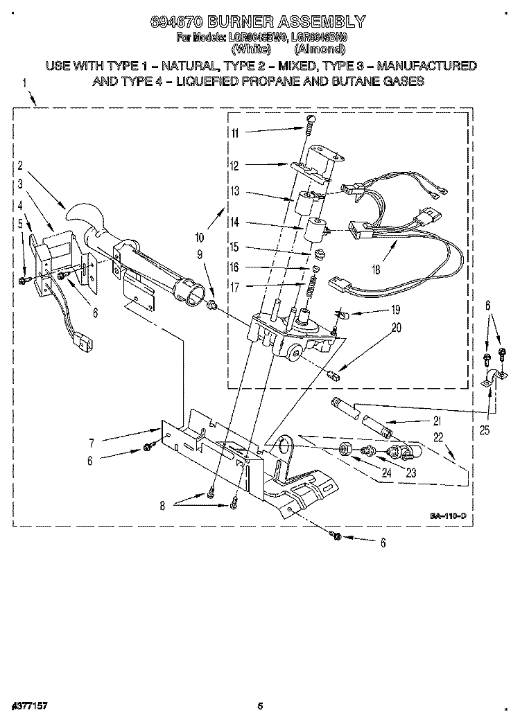 694670 BURNER ASSEMBLY Diagram and Parts List for LGR6646BW0  Whirlpool Dryer