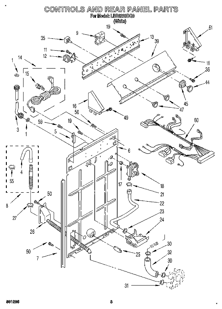 CONTROLS AND REAR PANEL Diagram and Parts List for LBR6233DQ0  Whirlpool Washer