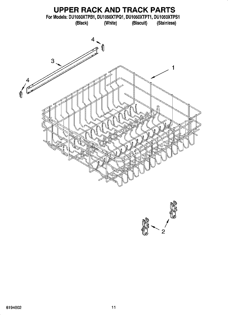 UPPER RACK AND TRACK PARTS Diagram and Parts List for DU1050XTPQ1  Whirlpool Dishwasher