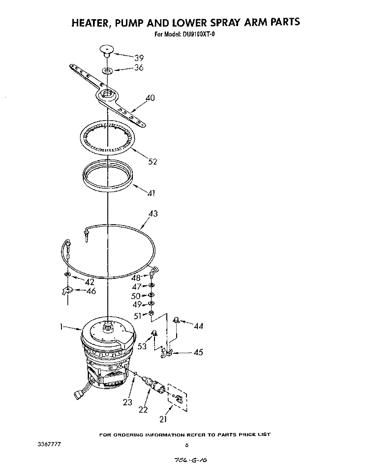 HEATER,, PUMP AND LOWER SPRAY ARM Diagram and Parts List for DU9100XT0  Whirlpool Dishwasher