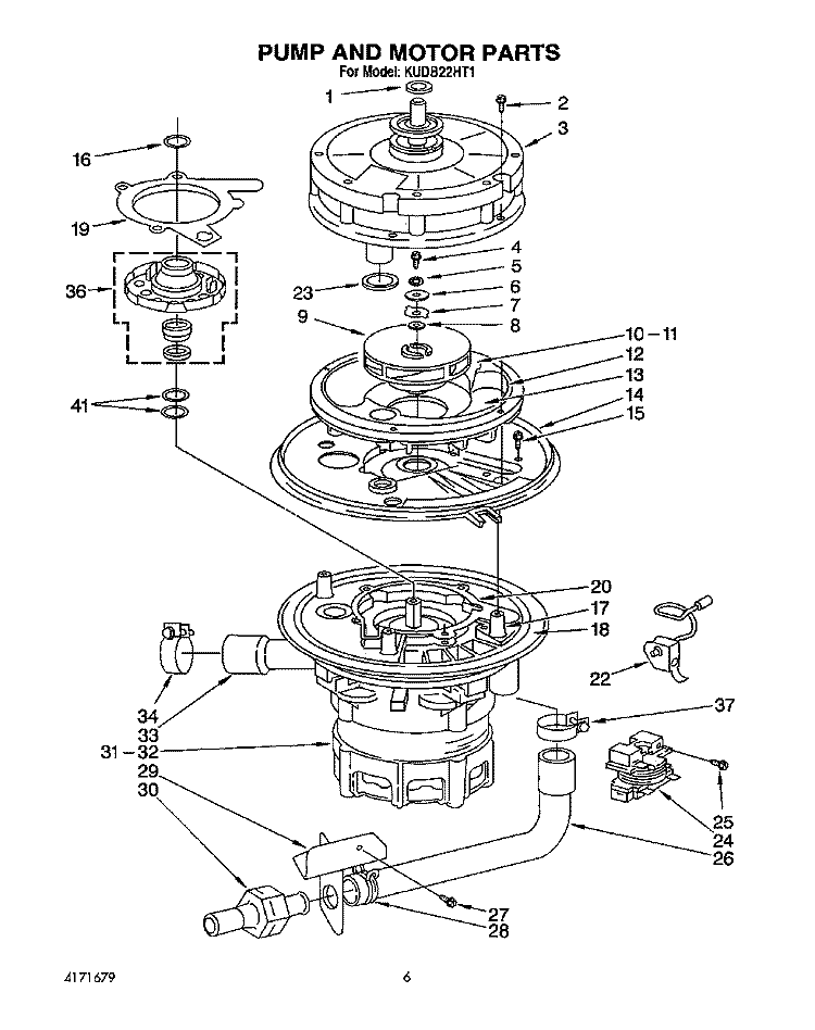 PUMP AND MOTOR Diagram and Parts List for KUDB22HT1  KitchenAid Dishwasher