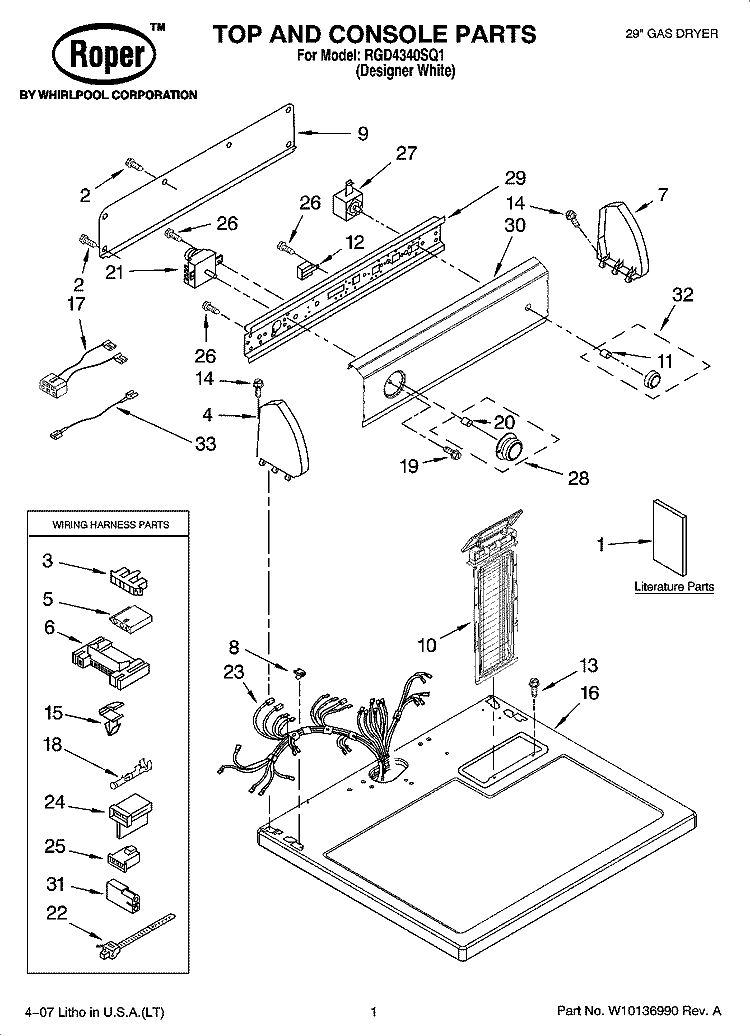 TOP AND CONSOLE PARTS Diagram and Parts List for RGD4340SQ1  Roper Dryer