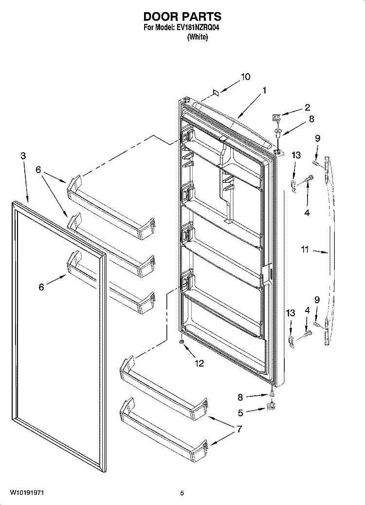 DOOR PARTS Diagram and Parts List for EV181NZRQ04  Whirlpool Freezer