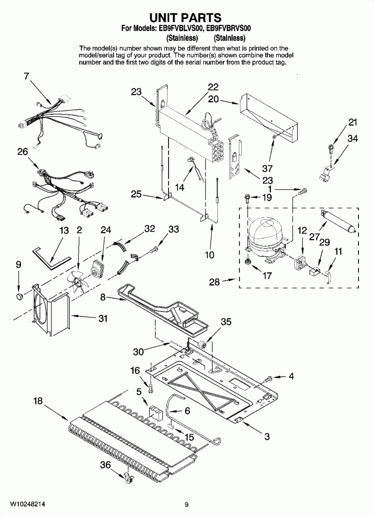 UNIT PARTS Diagram and Parts List for EB9FVBLVS00  Whirlpool Refrigerator