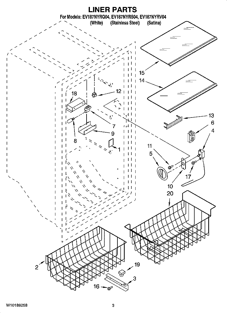 LINER PARTS Diagram and Parts List for EV187NYRV04  Whirlpool Freezer