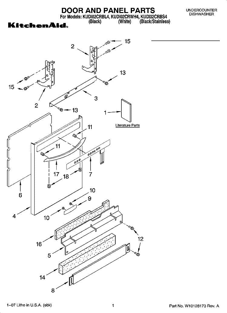 DOOR AND PANEL PARTS Diagram and Parts List for KUDI02CRBL4  KitchenAid Dishwasher