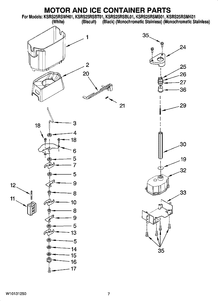 MOTOR AND ICE CONTAINER PARTS Diagram and Parts List for KSRS25RSMS01  KitchenAid Refrigerator