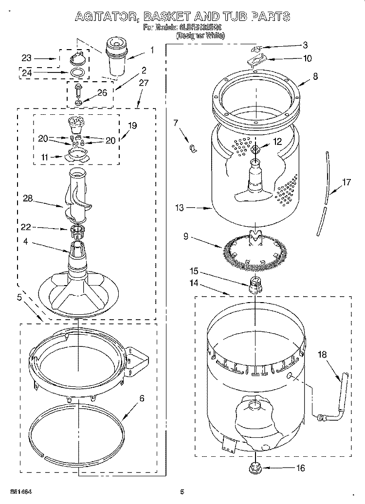AGITATOR, BASKET, AND TUB Diagram and Parts List for 6LBR5132EQ0  Whirlpool Washer