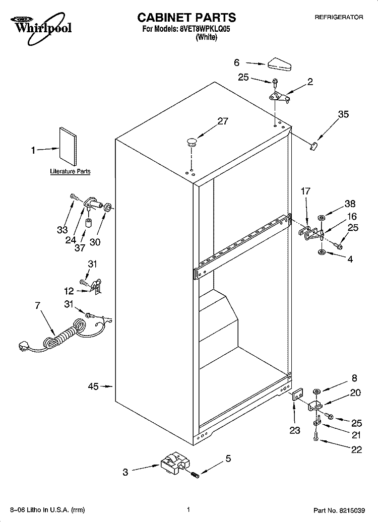 CABINET PARTS Diagram and Parts List for 8VET8WPKLQ05  Whirlpool Refrigerator