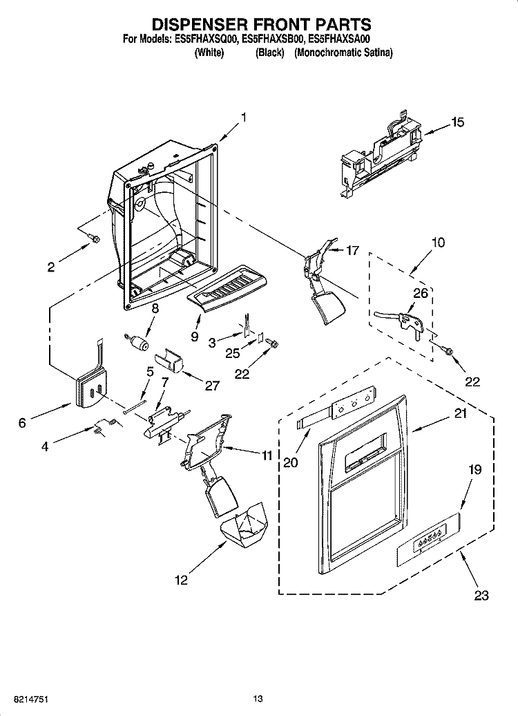 DISPENSER FRONT PARTS Diagram and Parts List for ES5FHAXSQ00  Whirlpool Refrigerator