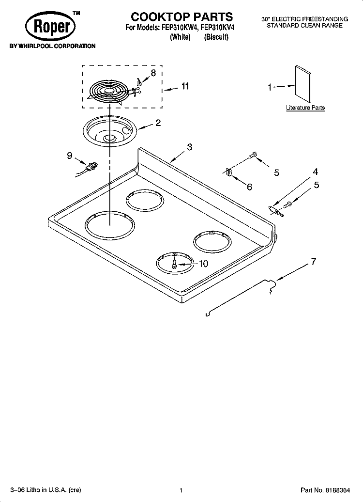 COOKTOP PARTS Diagram and Parts List for FEP310KV4  Roper Range