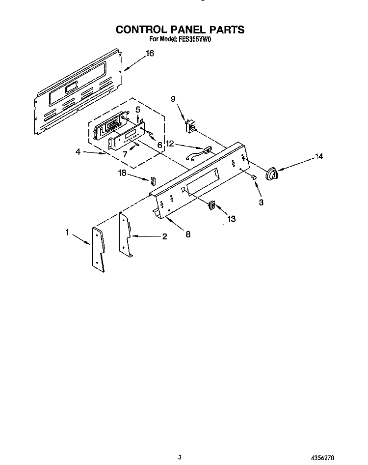 CONTROL PANEL Diagram and Parts List for FES355YW0  Roper Range