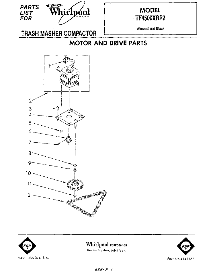 MOTOR AND DRIVE , LITERATURE Diagram and Parts List for TF4500XRP2  Whirlpool Trash Compactor