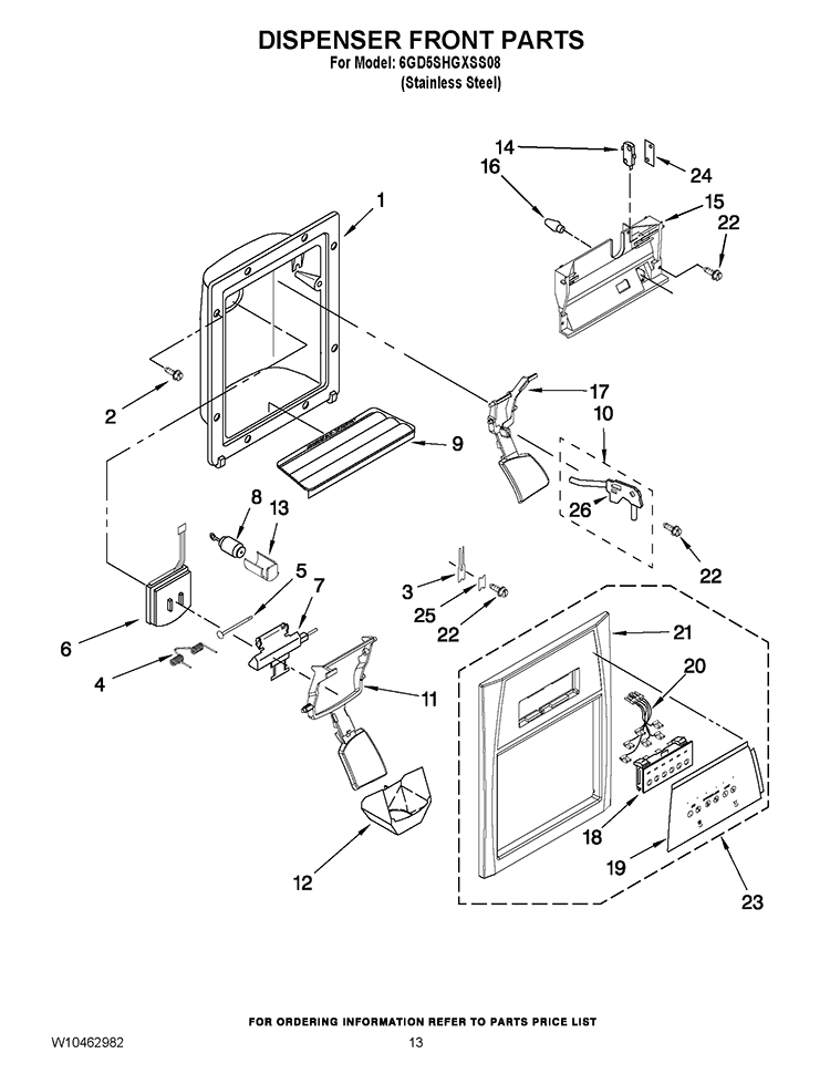 DISPENSER FRONT PARTS Diagram and Parts List for 6GD5SHGXSS08  Whirlpool Refrigerator