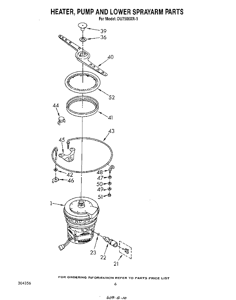 HEATER, PUMP AND LOWER SPRAYARM Diagram and Parts List for DU7500XR1  Whirlpool Dishwasher