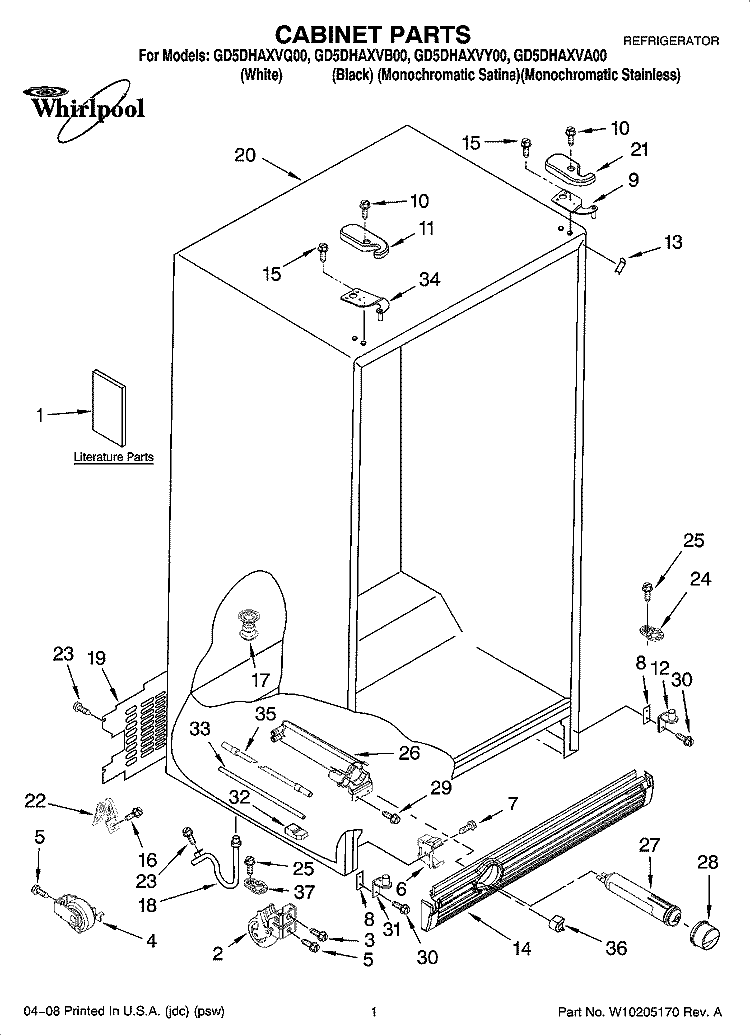CABINET PARTS Diagram and Parts List for GD5DHAXVY00  Whirlpool Refrigerator
