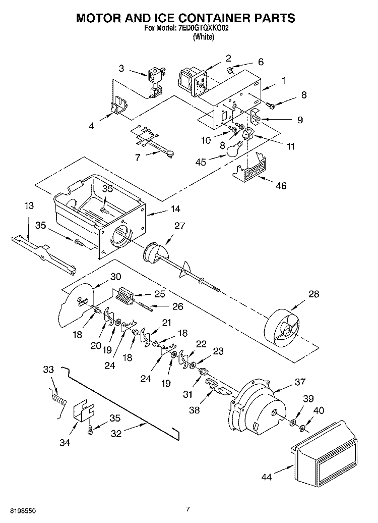 MOTOR AND ICE CONTAINER PARTS Diagram and Parts List for 7ED0GTQXKQ02  Whirlpool Refrigerator