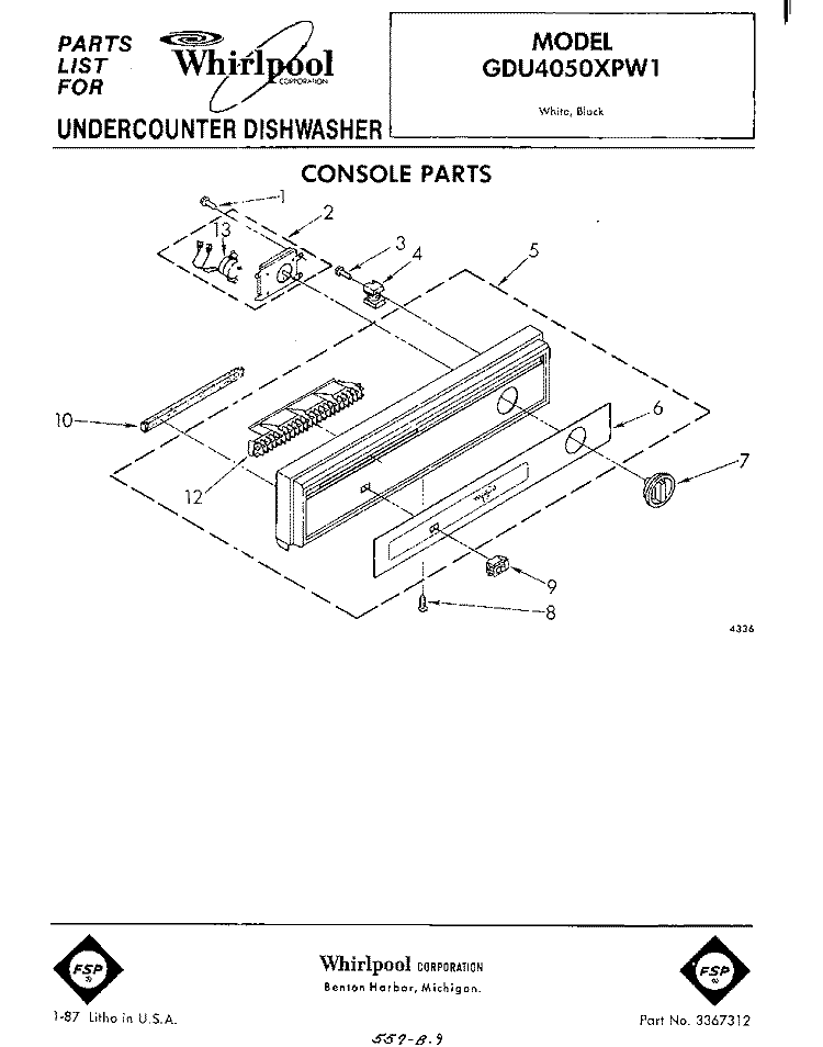 CONSOLE Diagram and Parts List for GDU4050XPW1  Whirlpool Dishwasher