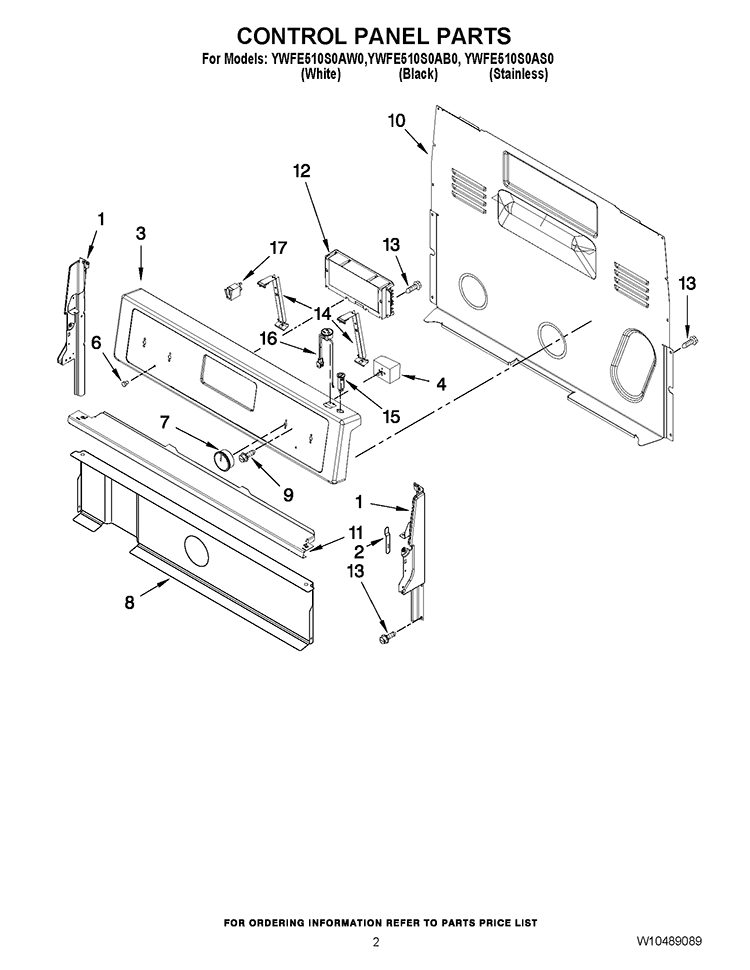 CONTROL PANEL PARTS Diagram and Parts List for YWFE510S0AW0  Whirlpool Range