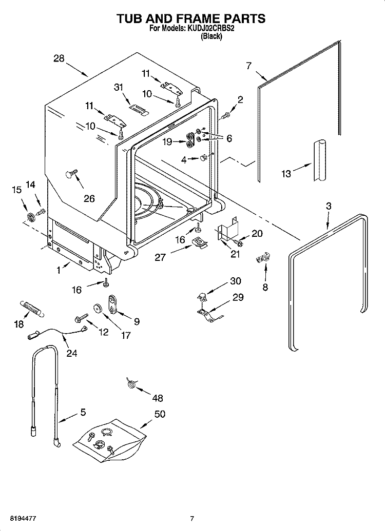 TUB AND FRAME PARTS Diagram and Parts List for KUDJ02CRBS2  KitchenAid Dishwasher