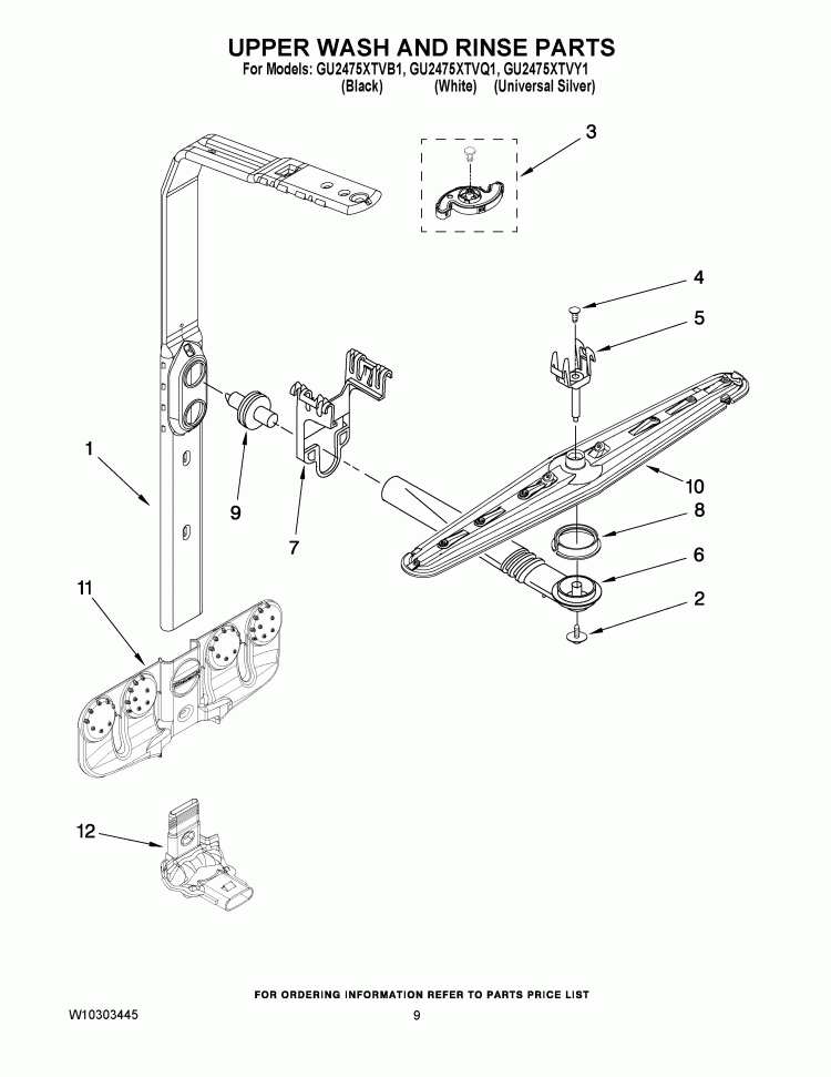 UPPER WASH AND RINSE PARTS Diagram and Parts List for GU2475XTVY1  Whirlpool Dishwasher
