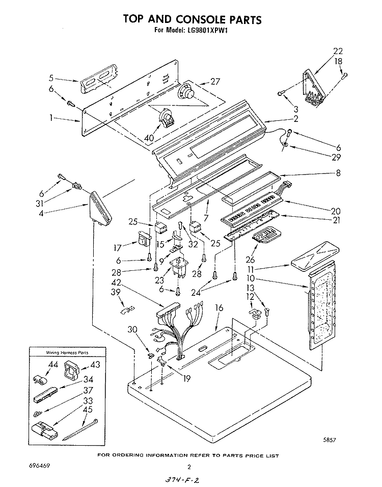 TOP AND CONSOLE , LITERATURE AND OPTIONAL Diagram and Parts List for LG9801XPW1  Whirlpool Dryer