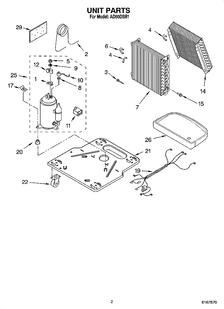 UNIT PARTS Diagram and Parts List for AD50DSR1  Whirlpool Dehumidifier