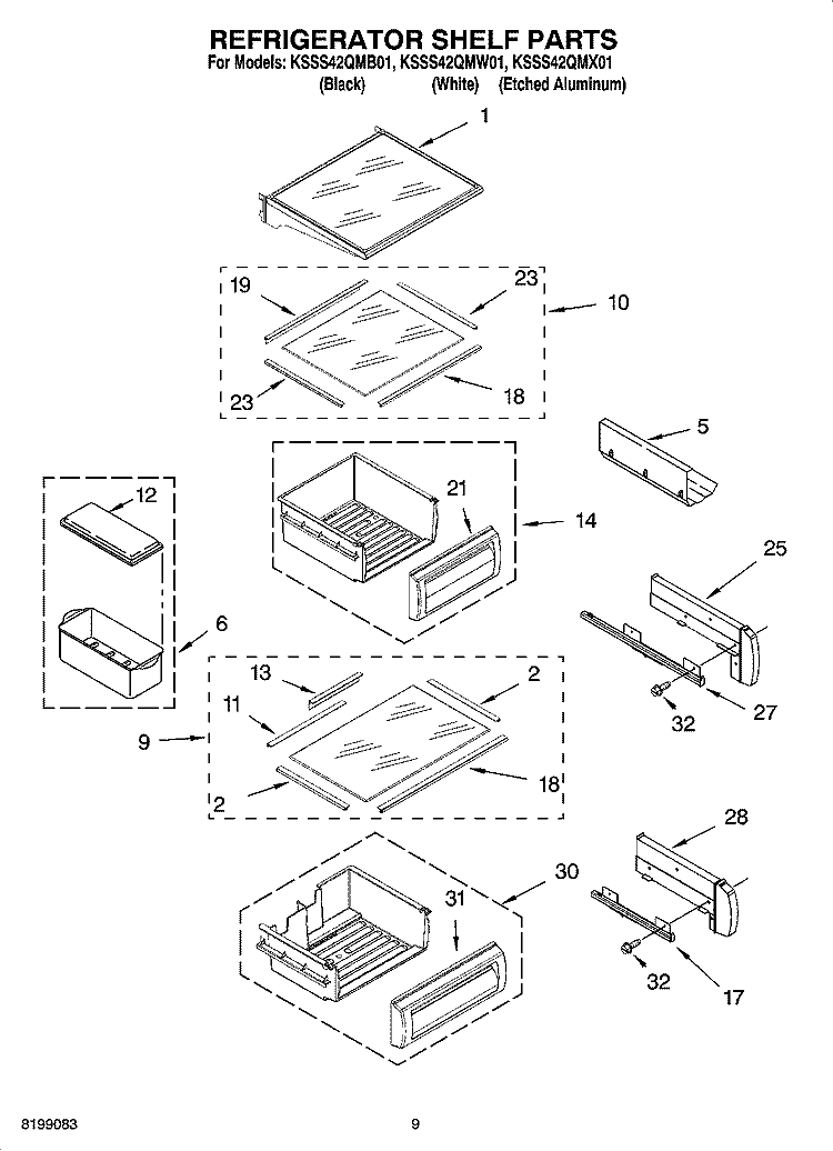 REFRIGERATOR SHELF PARTS Diagram and Parts List for KSSS42QMX01  KitchenAid Refrigerator