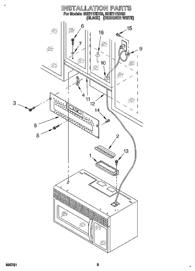 INSTALLATION Diagram and Parts List for MHE11RDB0  Roper Microwave