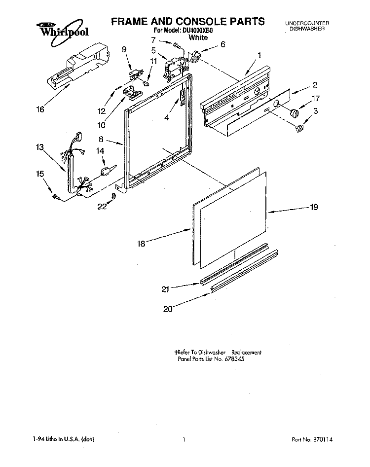 FRAME AND CONSOLE Diagram and Parts List for DU4000XB0  Whirlpool Dishwasher