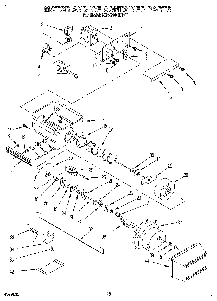 MOTOR AND ICE CONTAINER Diagram and Parts List for KSSS36QDX00  KitchenAid Refrigerator