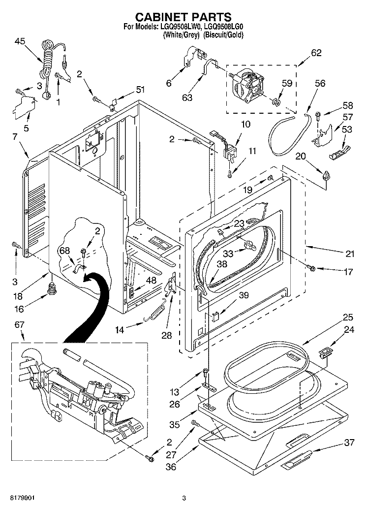 CABINET Diagram and Parts List for LGQ9508LW0  Whirlpool Dryer
