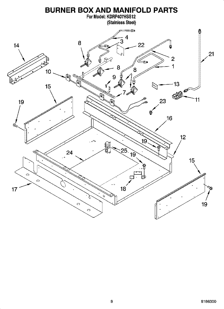 BURNER BOX AND MANIFOLD PARTS Diagram and Parts List for KDRP407HSS12  KitchenAid Range