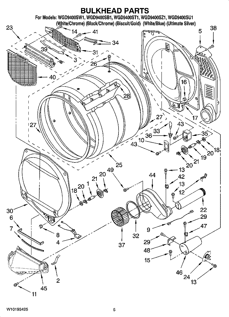 BULKHEAD PARTS Diagram and Parts List for WGD9400SB1  Whirlpool Dryer